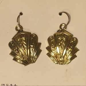 30s 40s Gilt Pressed Brass Costume Earrings Art Deco Floral NOS Vintage